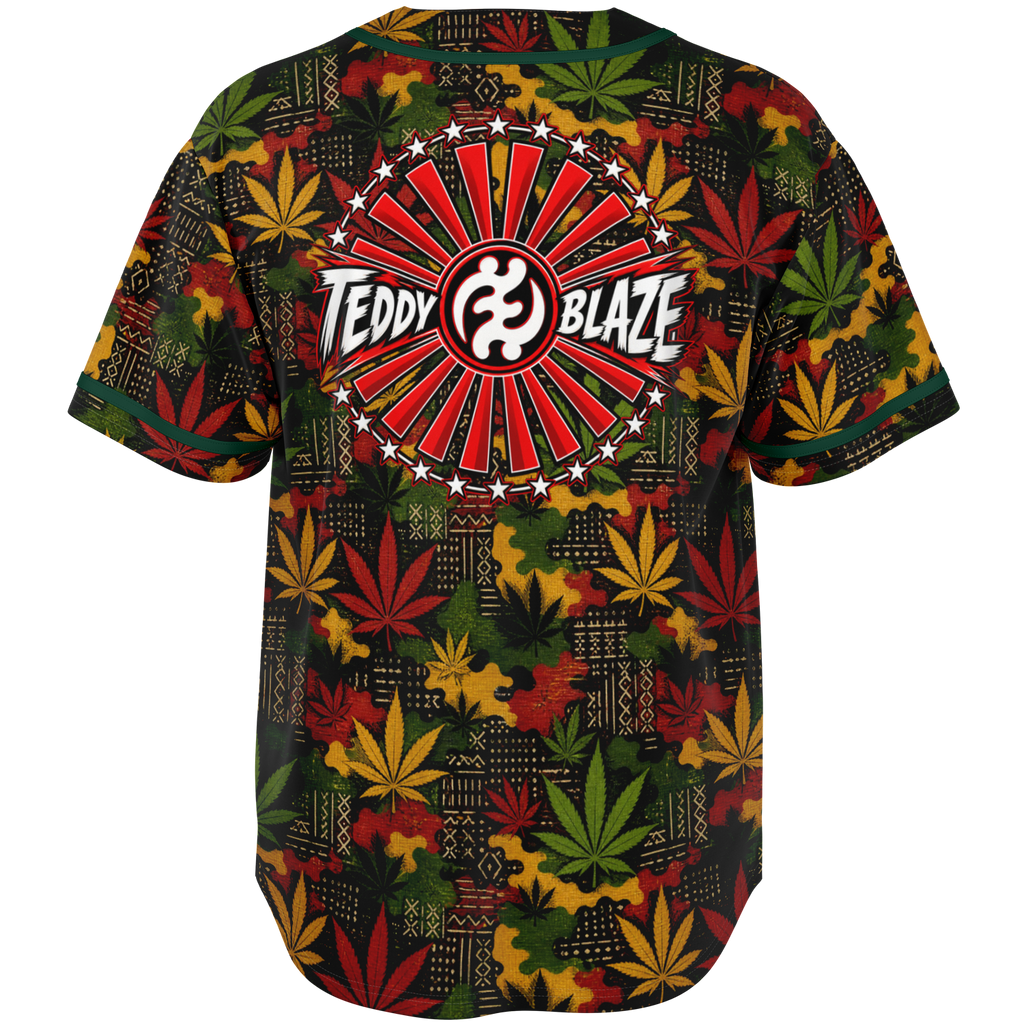 Shop the Teddy Blaze Mud Carnivale Baseball Jersey featuring mudcloth-inspired graphics, cannabis botanicals, RiGBY camouflage, green piping and Teddy Blaze Rising artwork.