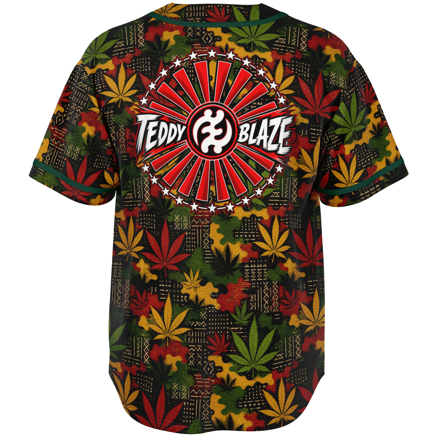 Shop the Teddy Blaze Mud Carnivale Baseball Jersey featuring mudcloth-inspired graphics, cannabis botanicals, RiGBY camouflage, green piping and Teddy Blaze Rising artwork.