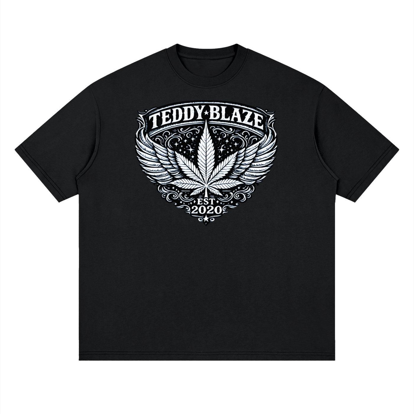 A black short-sleeve crewneck t-shirt with a white graphic print on the chest featuring a winged cannabis leaf, the text 'TEDDY-BLAZE', and 'EST. 2020'.