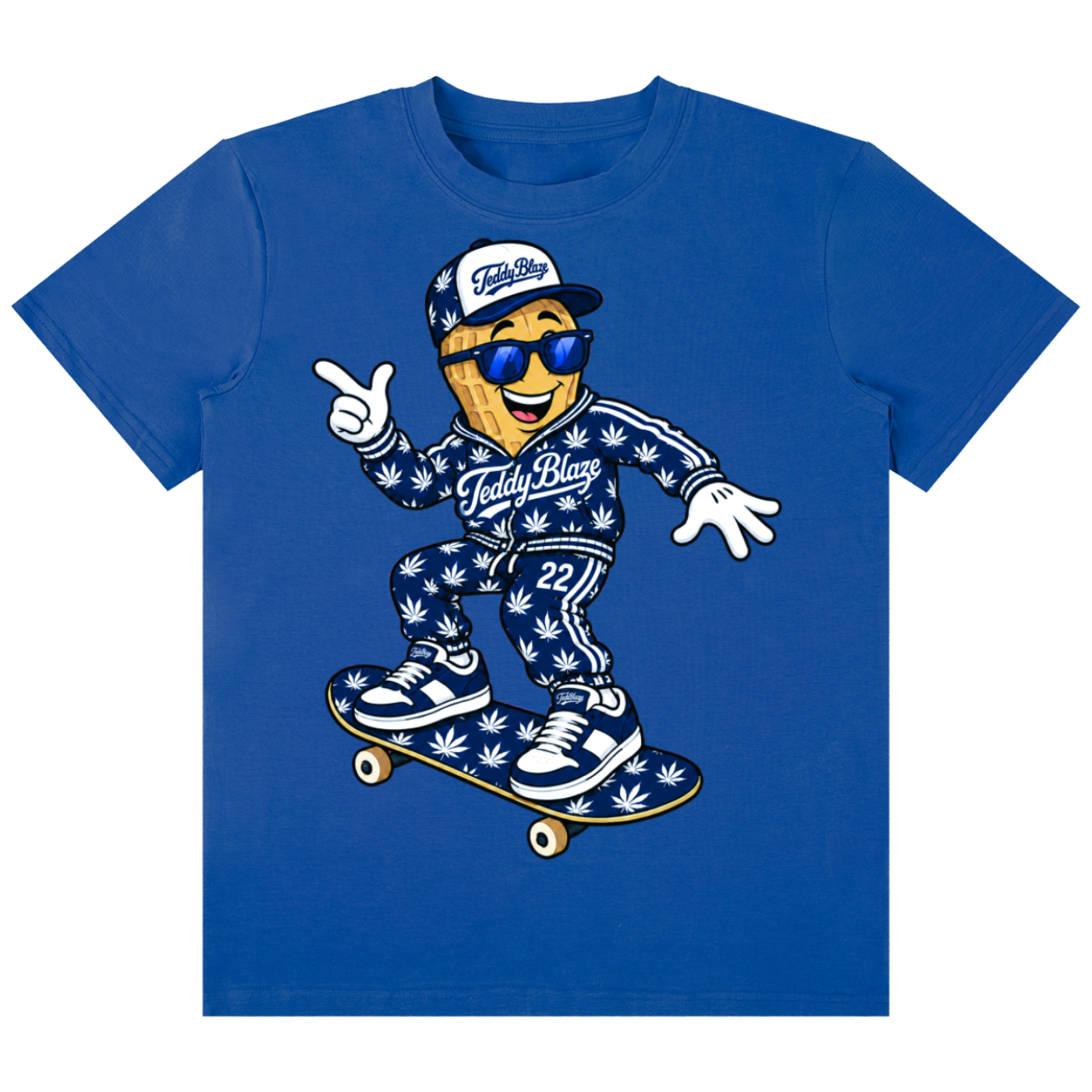 A royal blue short-sleeve t-shirt featuring a cartoon graphic of a character named 'Teddy Blay' in a white and blue outfit with cannabis leaf patterns, riding a skateboard, on a plain white background.
