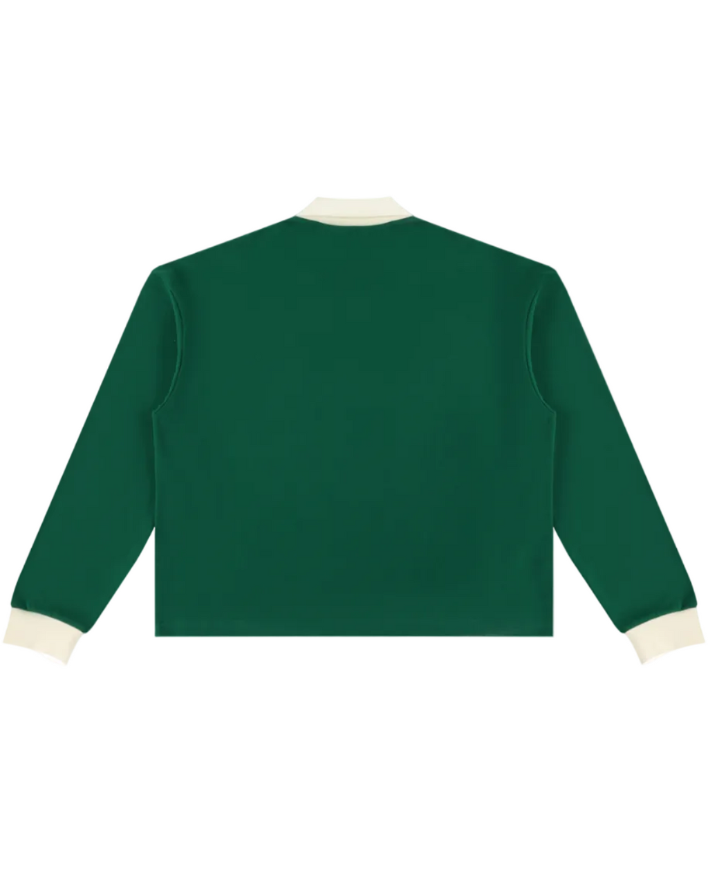 Shop the Iron + Ivy DaCruz Contrast Trim Long Polo by Teddy Blaze. Heavyweight 320 GSM forest green cotton-poly long-sleeve polo with cream contrast collar, cuffs, and heraldic Iron Cross graphic.