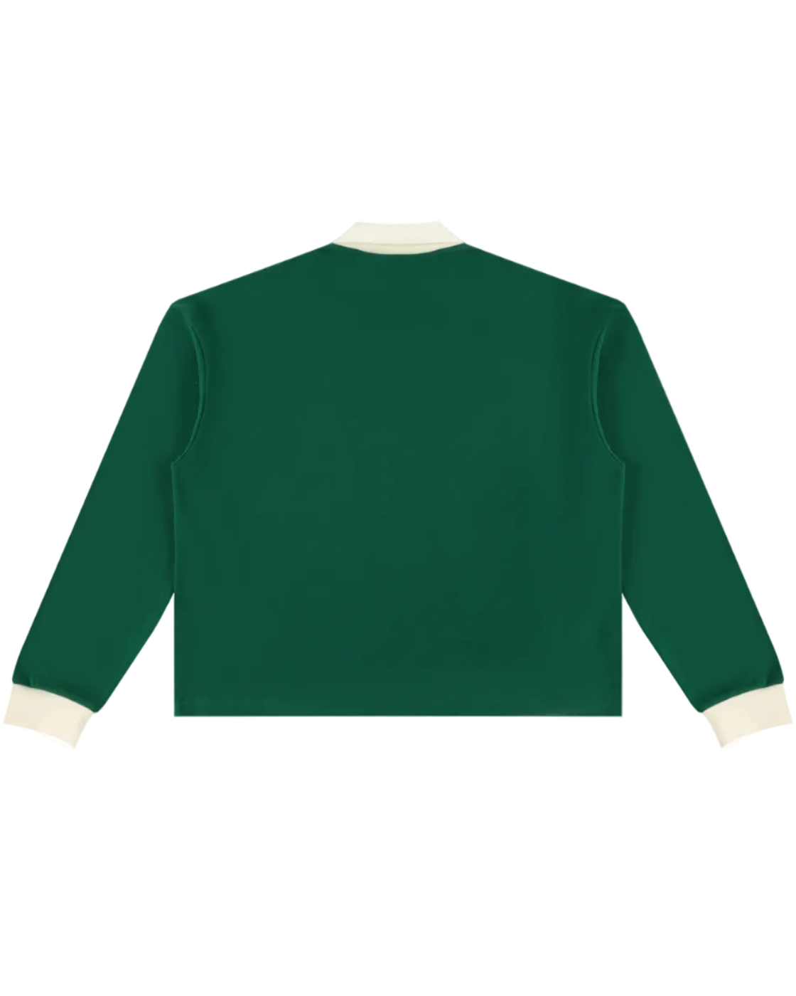 Shop the Iron + Ivy DaCruz Contrast Trim Long Polo by Teddy Blaze. Heavyweight 320 GSM forest green cotton-poly long-sleeve polo with cream contrast collar, cuffs, and heraldic Iron Cross graphic.