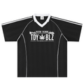 A black short-sleeve V-neck jersey-style shirt with white shoulder stripes, white piping, and a white chest graphic reading 'NEW YORK TDY BLZ' with a cannabis leaf motif and 'THE EMPIRE STATE' below, shown on a plain white background.