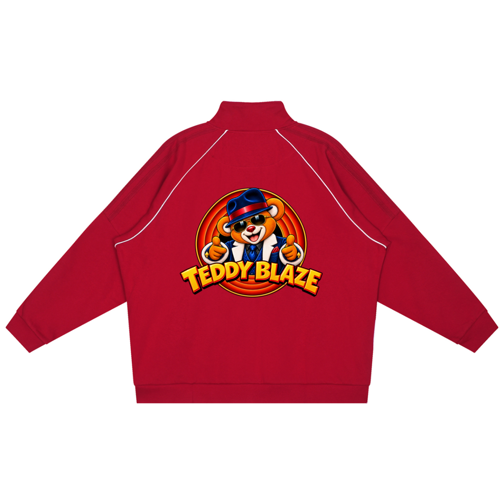 Elevate your active outerwear with the House of Teddy Blaze Mr Blaze Reflection Stripe Raglan Sleeve Jacket. Red 365 gsm fleece, reflective raglan piping, zip front, and fedora bear graphics. Shop NYC to Vegas style.