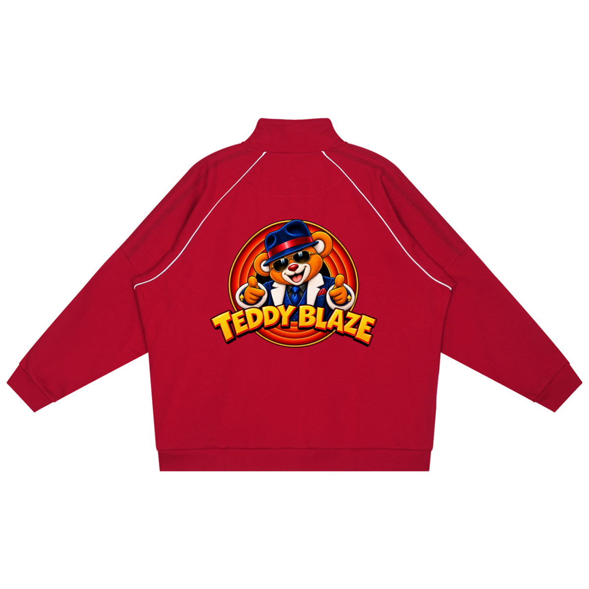 Elevate your active outerwear with the House of Teddy Blaze Mr Blaze Reflection Stripe Raglan Sleeve Jacket. Red 365 gsm fleece, reflective raglan piping, zip front, and fedora bear graphics. Shop NYC to Vegas style.