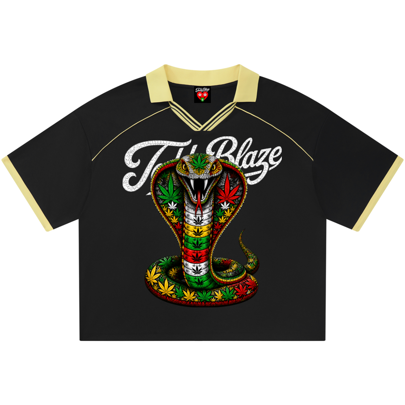 A black short-sleeve t-shirt with a yellow collar and sleeve trim, featuring a large graphic of a hooded cobra snake with cannabis leaves on its body and the text 'Tri Blaze' in white script across the chest.