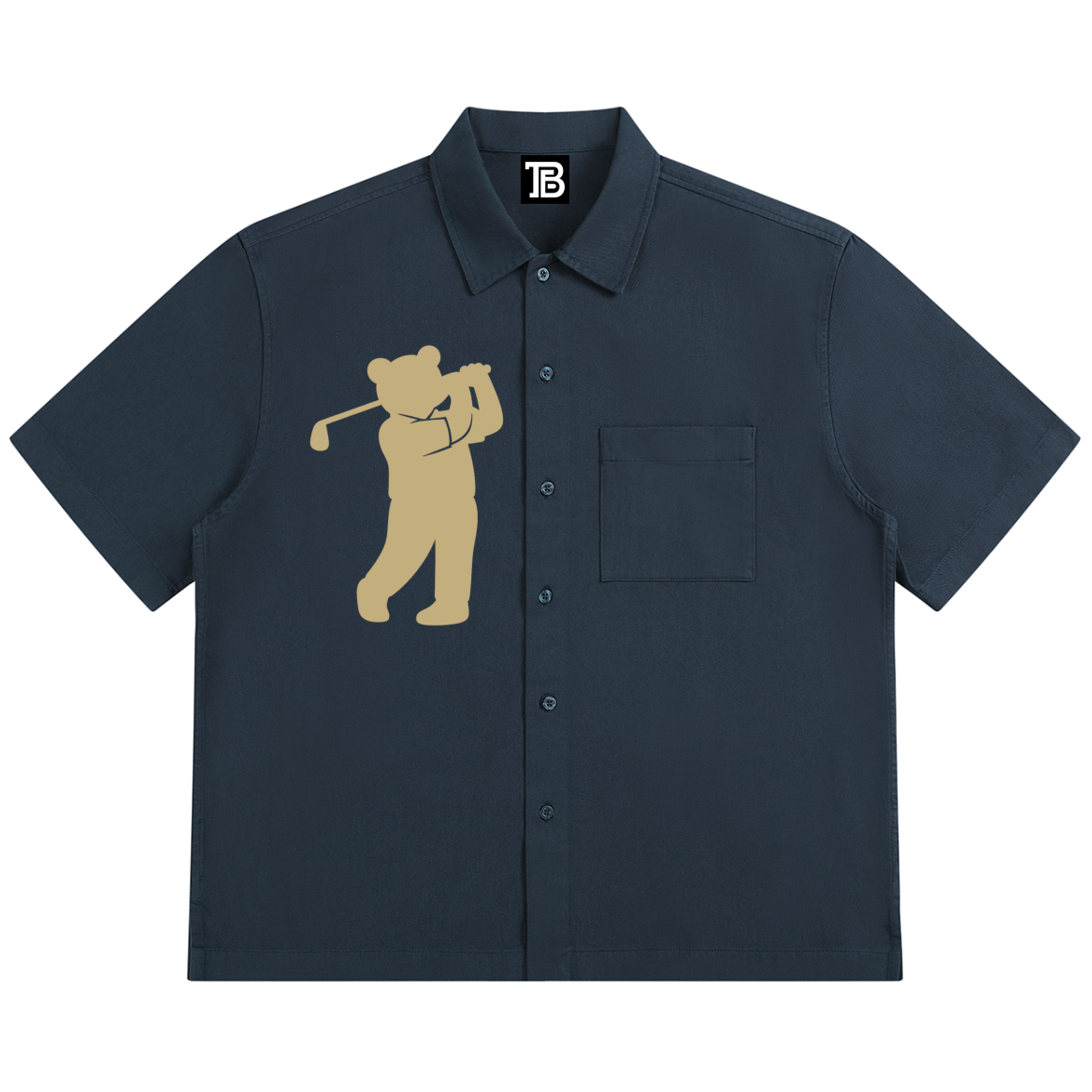 Navy blue shirt with a bear holding a golf club graphic on a white background