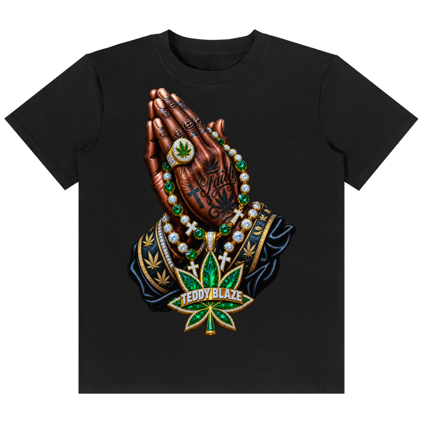 A black short-sleeve crewneck t-shirt featuring a detailed graphic print of a praying hand adorned with a green cannabis leaf medallion, gold rings, and a large green and gold 'TEDDY BLAZE' marijuana leaf pendant.