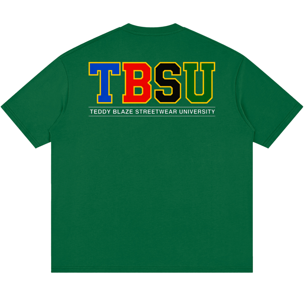 A green short-sleeve t-shirt shown from the back, featuring a large graphic print of the letters 'TBSU' in blue, red, black, and yellow, with 'TEDDY BLAZE STREETWEAR UNIVERSITY' printed underneath in white.