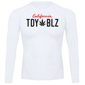 A white long-sleeve t-shirt with a graphic on the chest that reads 'California TDY BLZ' in red and black, featuring a cannabis leaf icon, displayed on a clean white background.