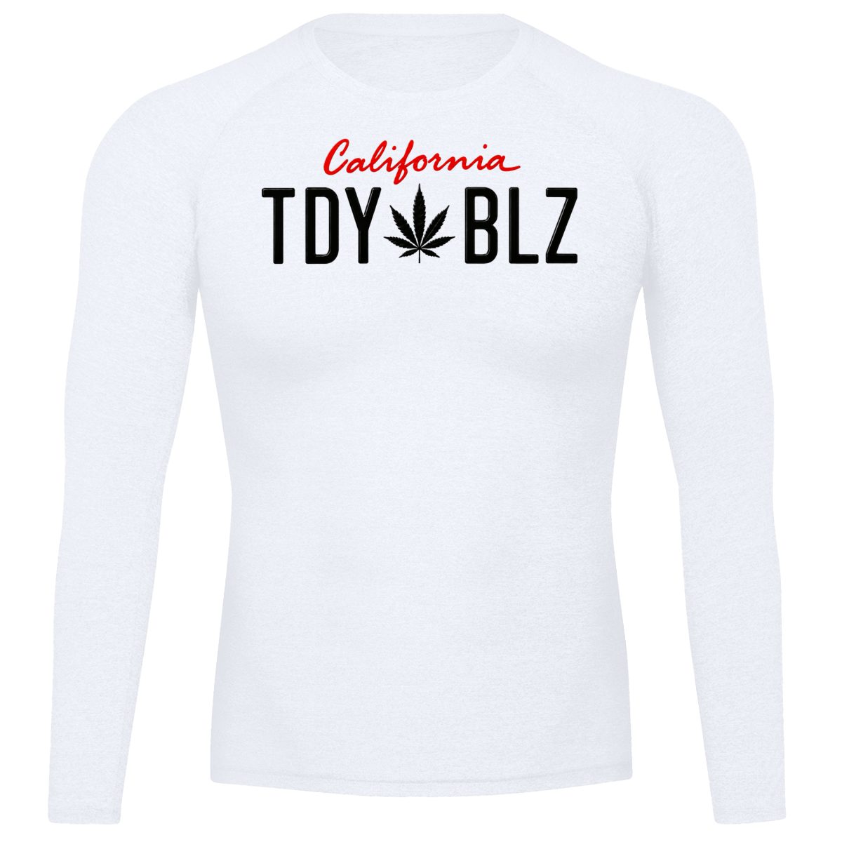 A white long-sleeve t-shirt with a graphic on the chest that reads 'California TDY BLZ' in red and black, featuring a cannabis leaf icon, displayed on a clean white background.