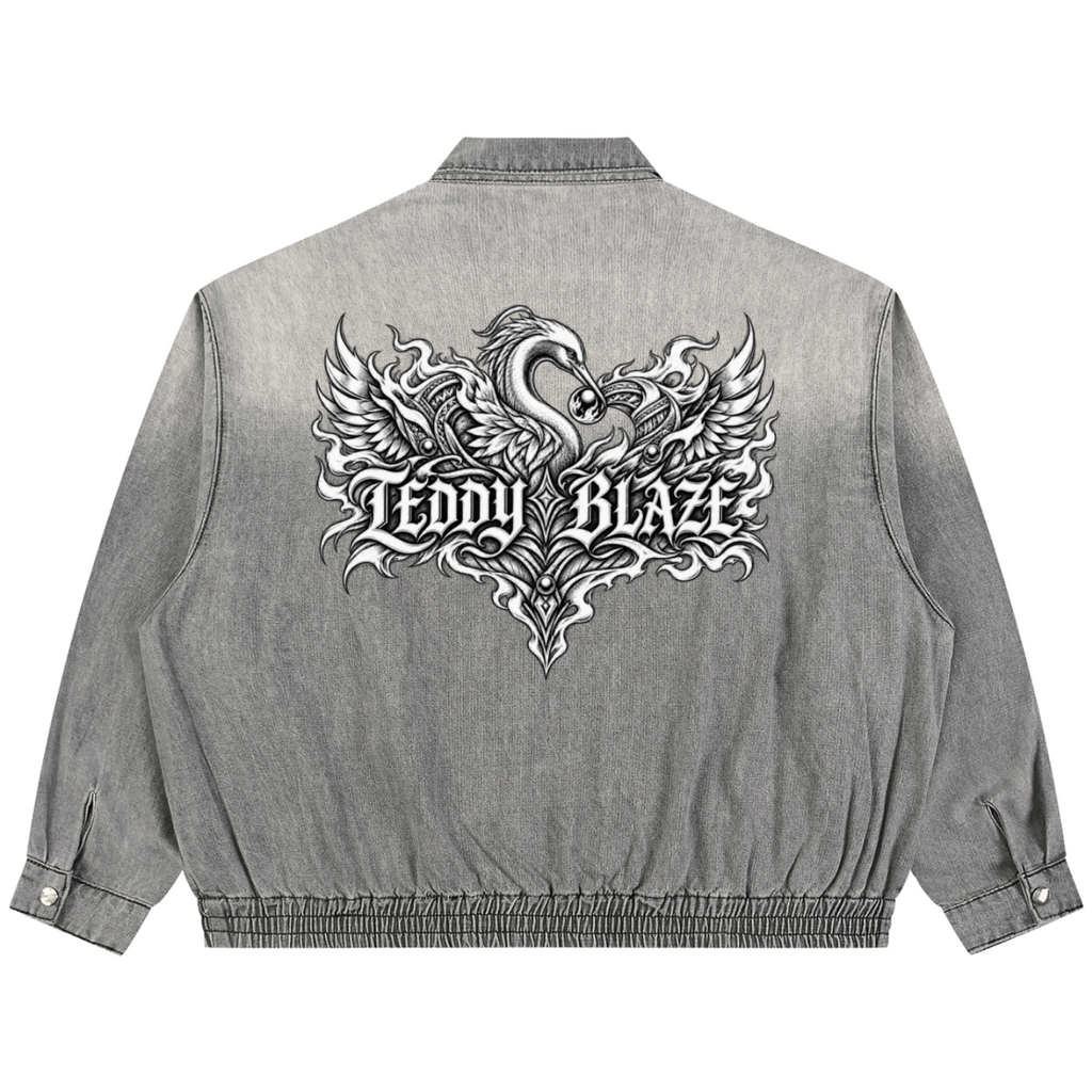 Description: Vintage-wash grey denim jacket in a substantial cotton blend with a relaxed unisex fit, full-zip front and monochrome Teddy Blaze Afro-Gothic artwork.