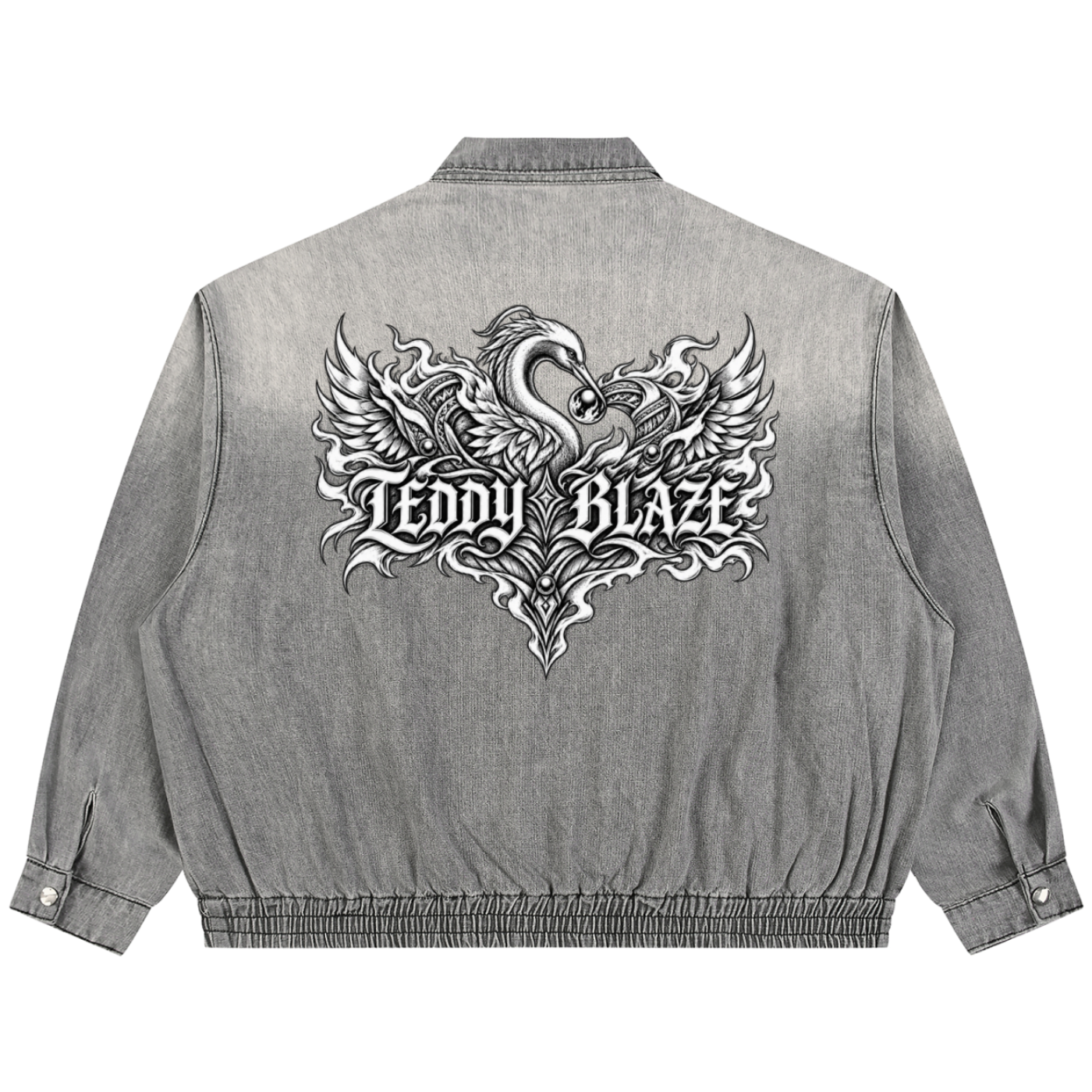 Description: Vintage-wash grey denim jacket in a substantial cotton blend with a relaxed unisex fit, full-zip front and monochrome Teddy Blaze Afro-Gothic artwork.