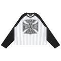 A long-sleeve raglan baseball-style shirt with a white body featuring thin black vertical pinstripes, black sleeves, and a large black graphic on the chest reading 'EST. Teddy Blaze & MMXX'.