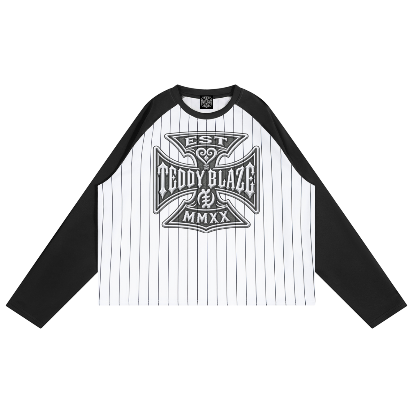 A long-sleeve raglan baseball-style shirt with a white body featuring thin black vertical pinstripes, black sleeves, and a large black graphic on the chest reading 'EST. Teddy Blaze & MMXX'.