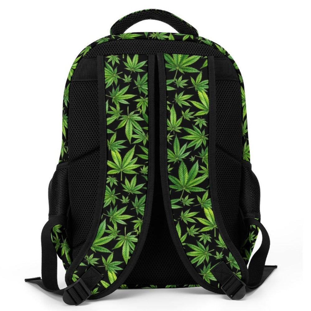 Shop the Botanical Backpack by Teddy Blaze. Premium polyester travel backpack with all-over cannabis leaf print and silver logo emblem from FUEGO.