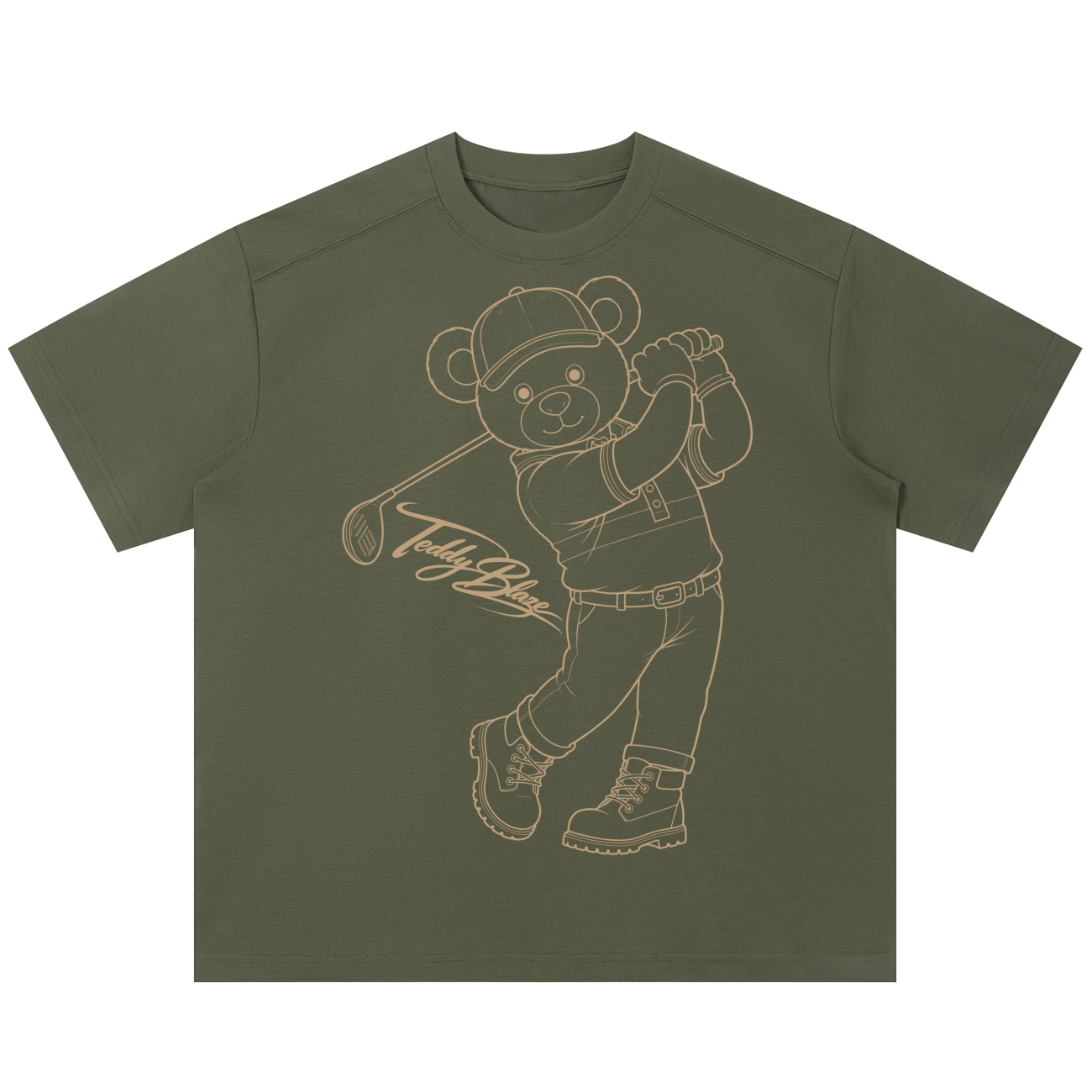 Green t-shirt with a bear graphic holding a golf club on a white background