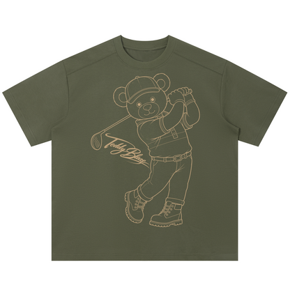 Green t-shirt with a bear graphic holding a golf club on a white background