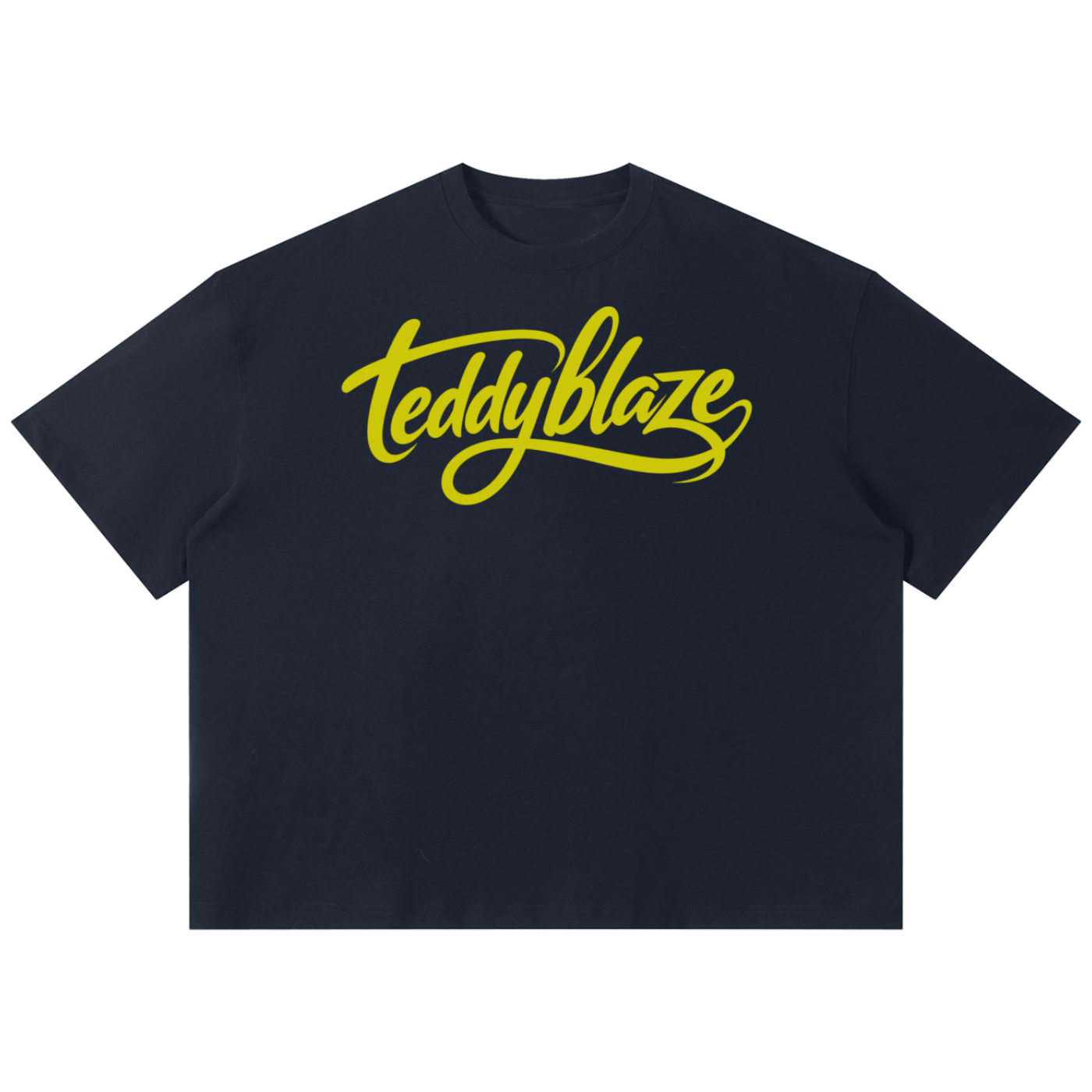 Shop the Signature Boxy Tee by Teddy Blaze. 220 GSM cotton-poly oversized drop-shoulder t-shirt with yellow script logo from TOPS BY TEDDY BLAZE.