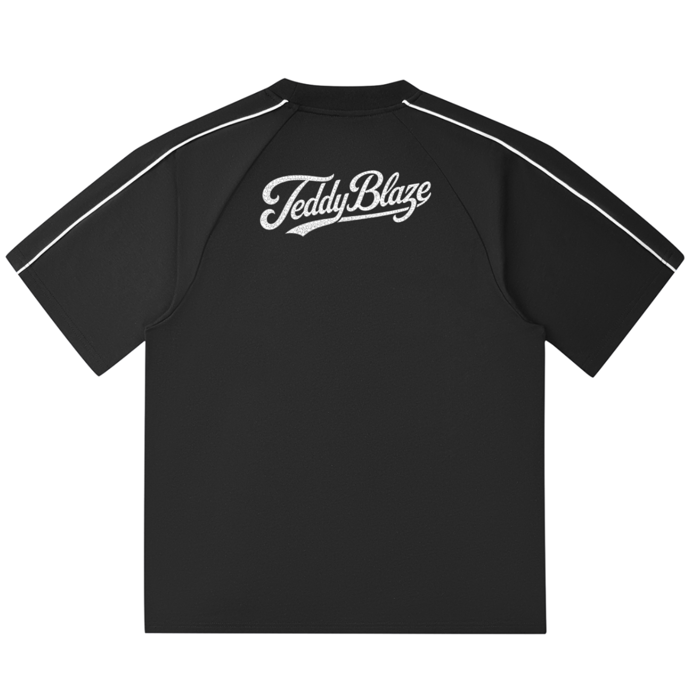 A black short-sleeve t-shirt with white contrast stitching along the shoulders and sleeves, featuring a white cursive 'TeddyBlaze' logo printed on the upper chest, shown against a plain white background.
