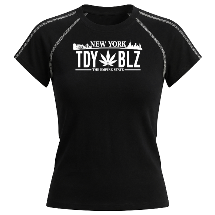 A black short-sleeve athletic t-shirt with a white graphic print on the chest reading 'NEW YORK TDY BLZ THE EMPORIUM STATE' with a cannabis leaf design, shown on a plain white background.