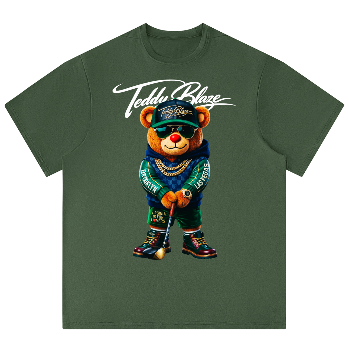 Green t-shirt with a bear graphic and 'Teddy Blaze' text on a white background
