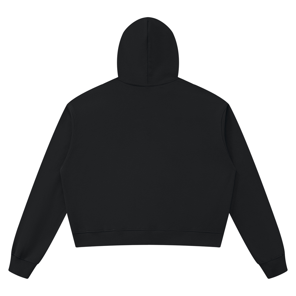 Shop the Signature Cachet Boxy Raw Edge V-Neck Hooded Jumper by Teddy Blaze. 360 GSM black heavy fleece hoodie with slit V-neck and Cachet emblem from The Mature Mocha Collection.