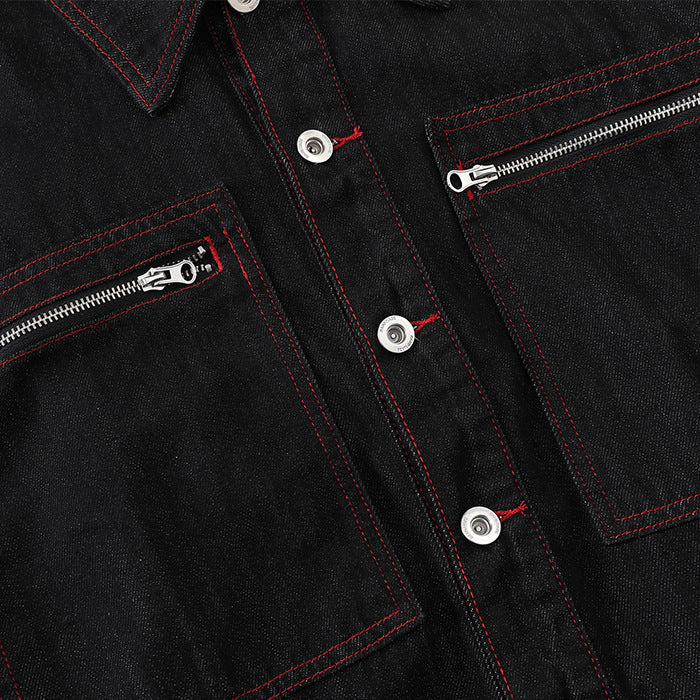 Shop the Contrast Stitch Washed Denim Workwear Jacket by Teddy Blaze. Oversized black denim jacket featuring red topstitching and zipper chest pockets.