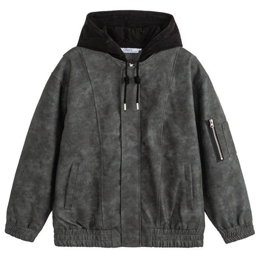 Shop the Iron + Ivy Faux Suede Hooded Bomber Jacket by Teddy Blaze. Oversized faux suede jacket featuring a contrast corduroy drawstring hood and zippered arm utility pocket.