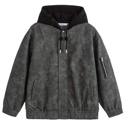 Shop the Iron + Ivy Faux Suede Hooded Bomber Jacket by Teddy Blaze. Oversized faux suede jacket featuring a contrast corduroy drawstring hood and zippered arm utility pocket.