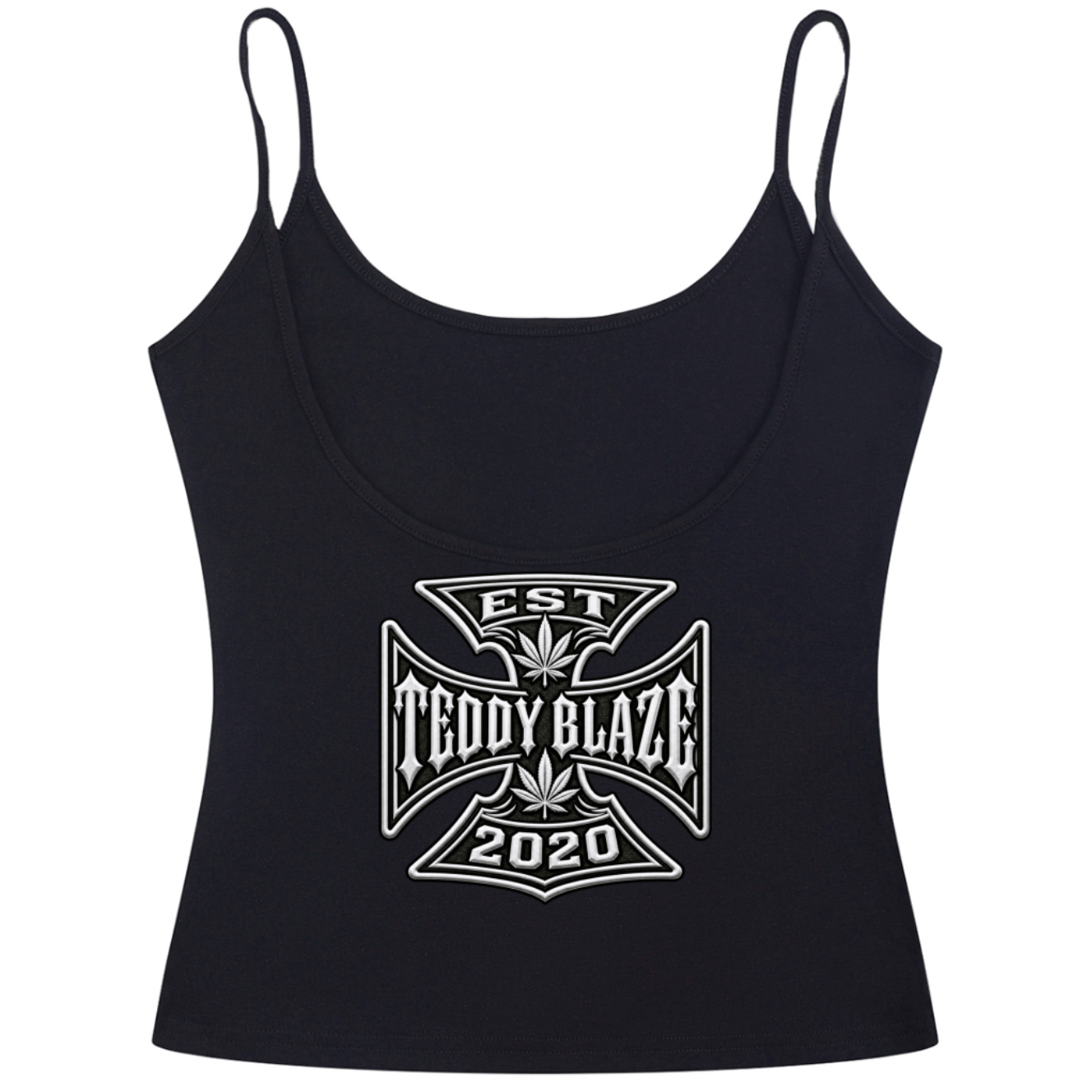 A black spaghetti-strap crop top featuring a white graphic print on the front with the text 'EST TEDDY BLAZE 2020' inside a Maltese cross design, shown against a plain white background.