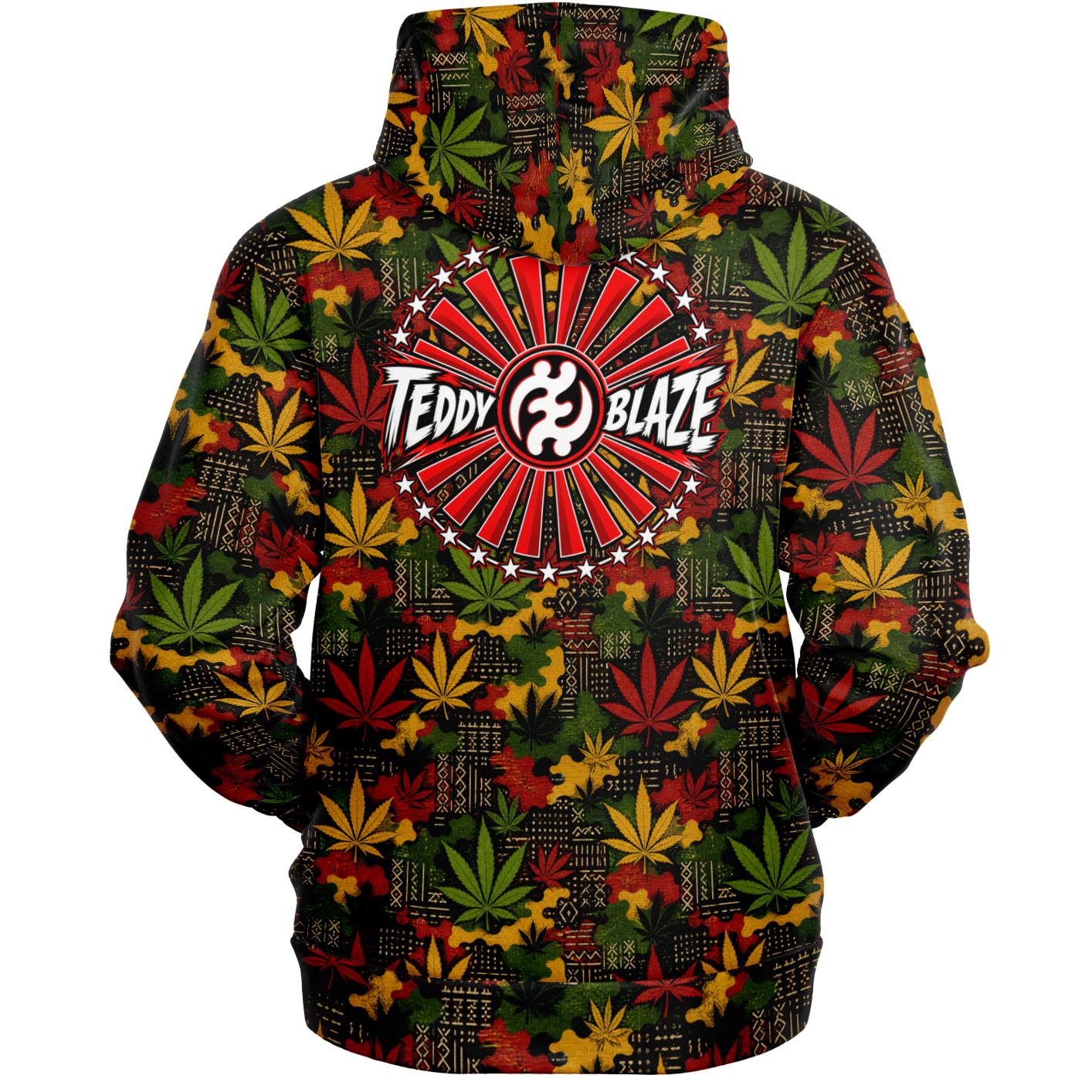 Shop the Teddy Blaze Mud Carnival Hooded Jumper featuring mudcloth-inspired geometry, cannabis leaves, RiGBY camouflage and a bold Teddy Blaze Rising back graphic.