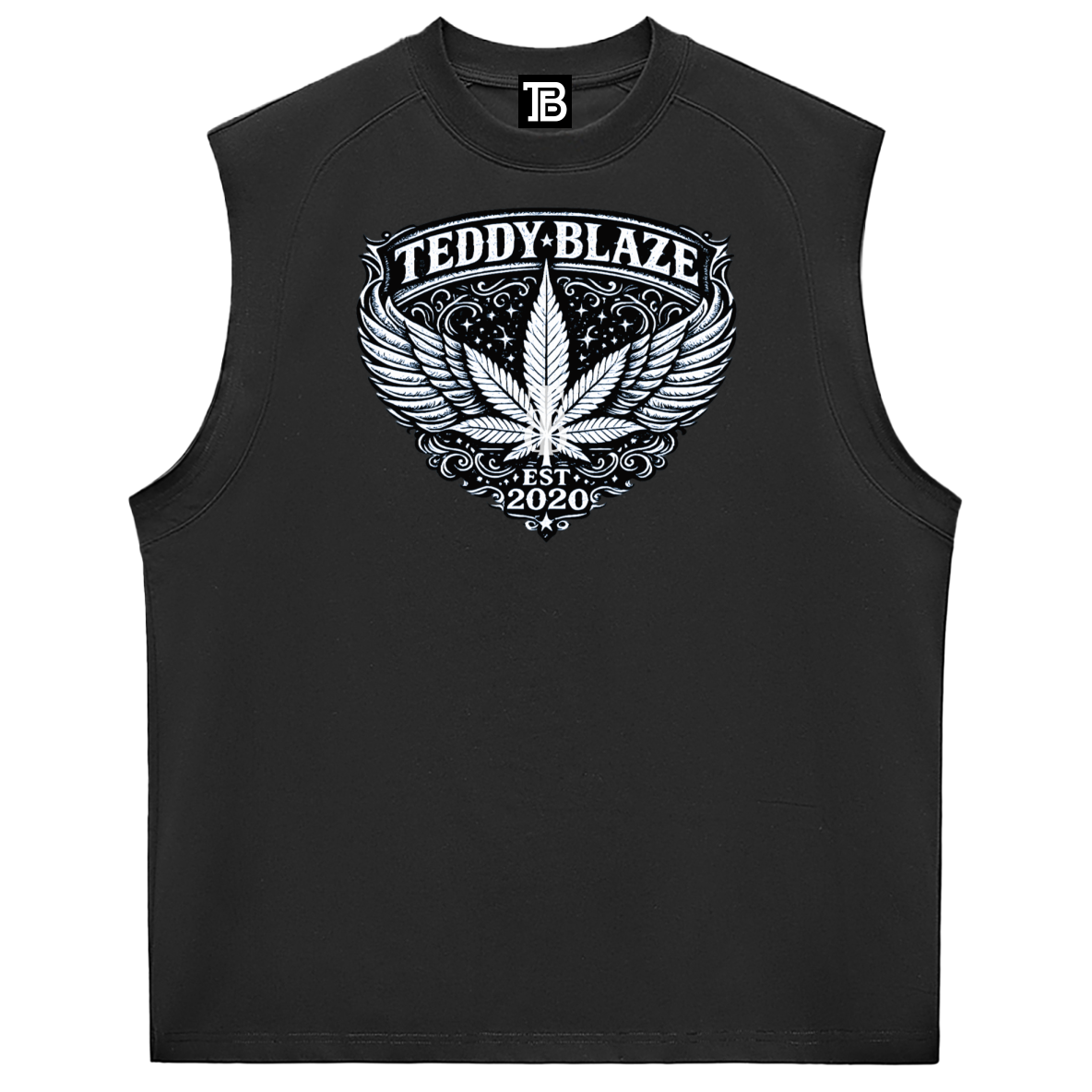 Black sleeveless shirt with Teddy Blaze logo and cannabis leaf design on a white background