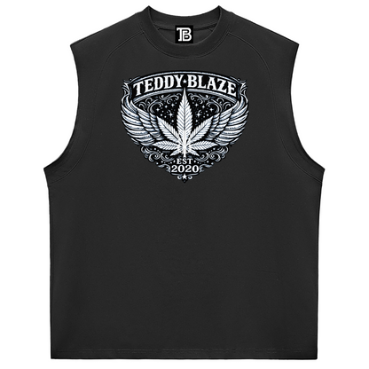 Black sleeveless shirt with Teddy Blaze logo and cannabis leaf design on a white background