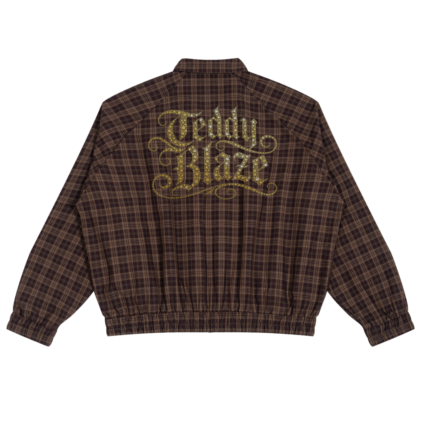 A brown and black plaid jacket shown from the back, featuring a large gold glittery 'Teddy Blaze' logo across the upper back.