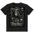 A black short-sleeve crewneck t-shirt featuring a large, detailed black and white gothic graphic print on the front. The graphic depicts a hooded woman surrounded by skulls, a cross, and other gothic elements, with the text 'Teddy Blaze' written in a stylized font at the bottom.