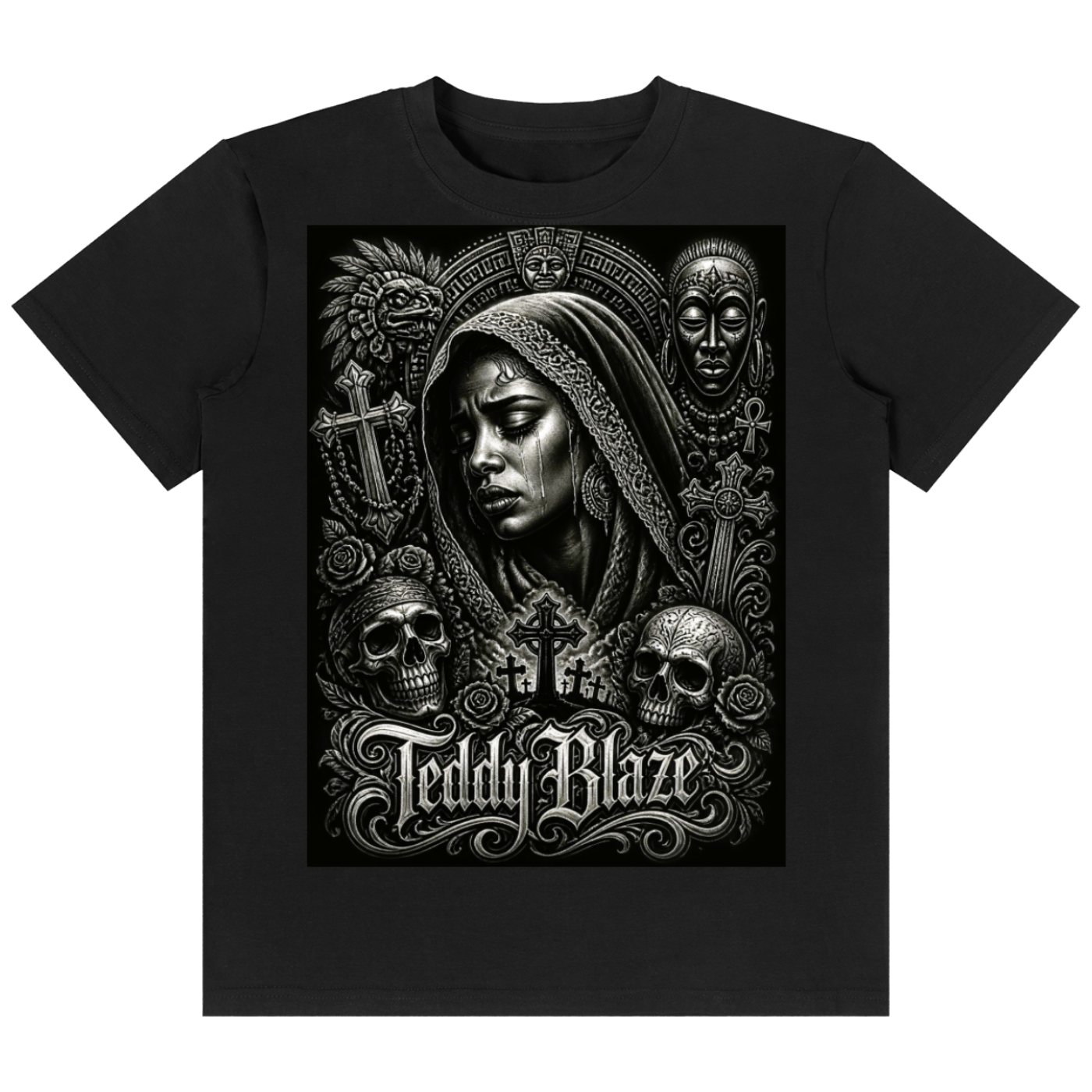A black short-sleeve crewneck t-shirt featuring a large, detailed black and white gothic graphic print on the front. The graphic depicts a hooded woman surrounded by skulls, a cross, and other gothic elements, with the text 'Teddy Blaze' written in a stylized font at the bottom.