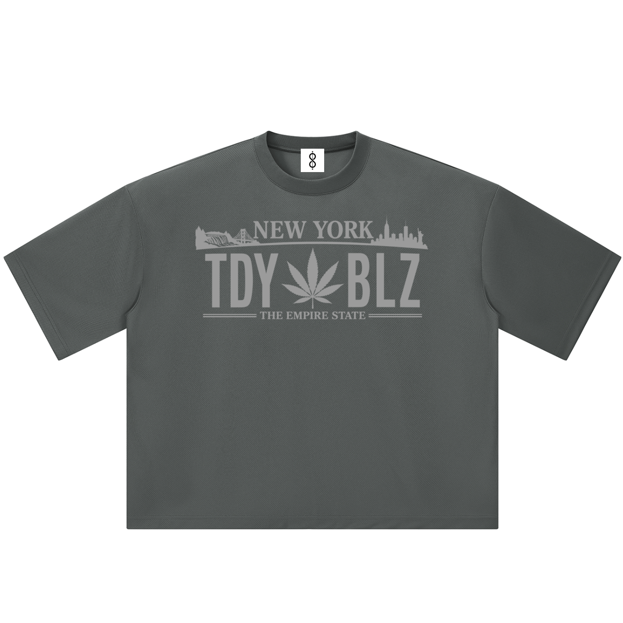 A dark gray crewneck t-shirt with a light gray graphic on the chest that reads 'NEW YORK TDY BLZ THE EMPIRE STATE' with a cannabis leaf in the center, displayed on a solid white background.