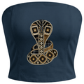 A navy blue strapless top featuring a large, detailed cobra snake design embellished with gold, brown, and white rhinestones on the front, set against a plain white background.