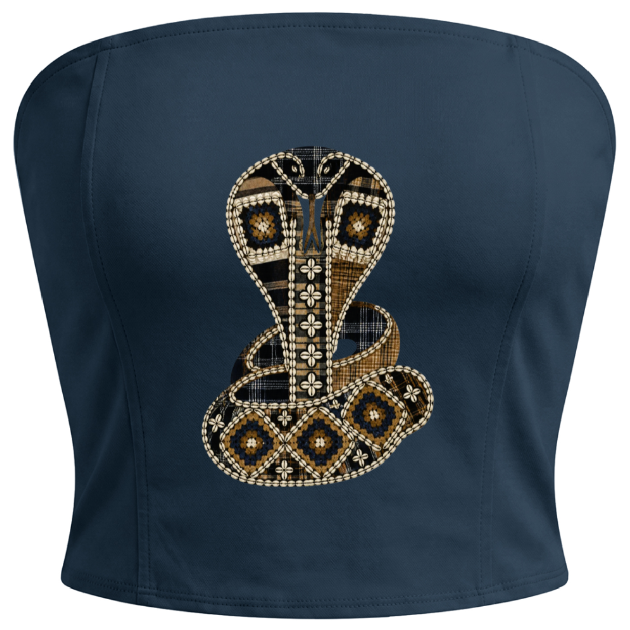 A navy blue strapless top featuring a large, detailed cobra snake design embellished with gold, brown, and white rhinestones on the front, set against a plain white background.