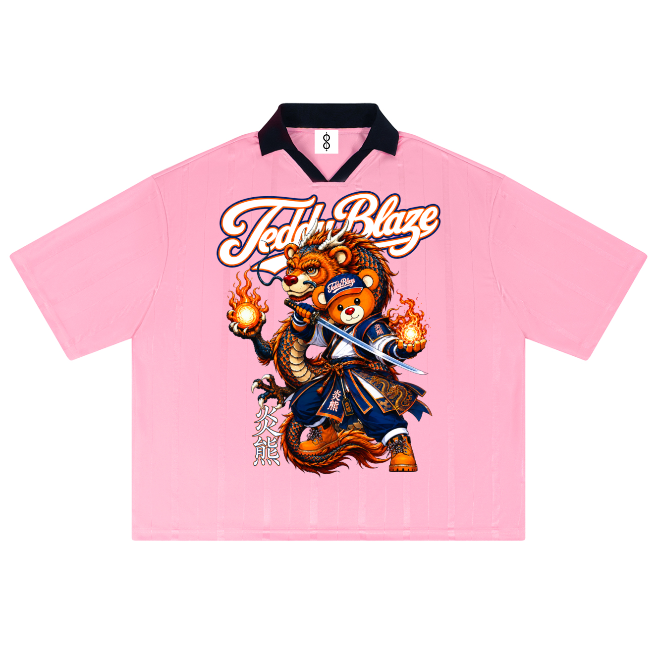 A light pink short-sleeve polo shirt with a black collar, featuring a large graphic of a cartoon bear character and the text 'Teddy Blaze' on the front, displayed against a solid white background.