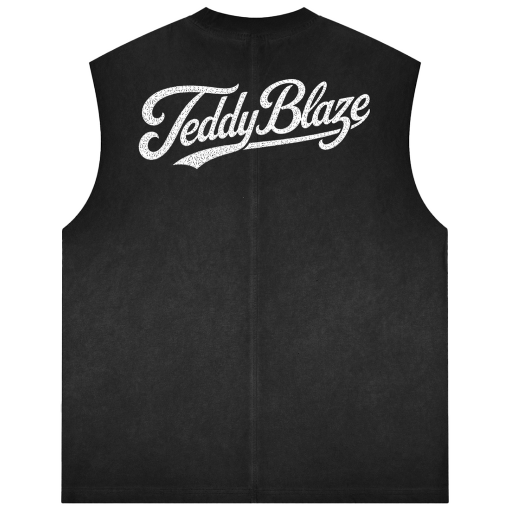 A black sleeveless vest with a distressed white 'Teddy Blaze' logo printed across the upper back, shown against a plain white background.