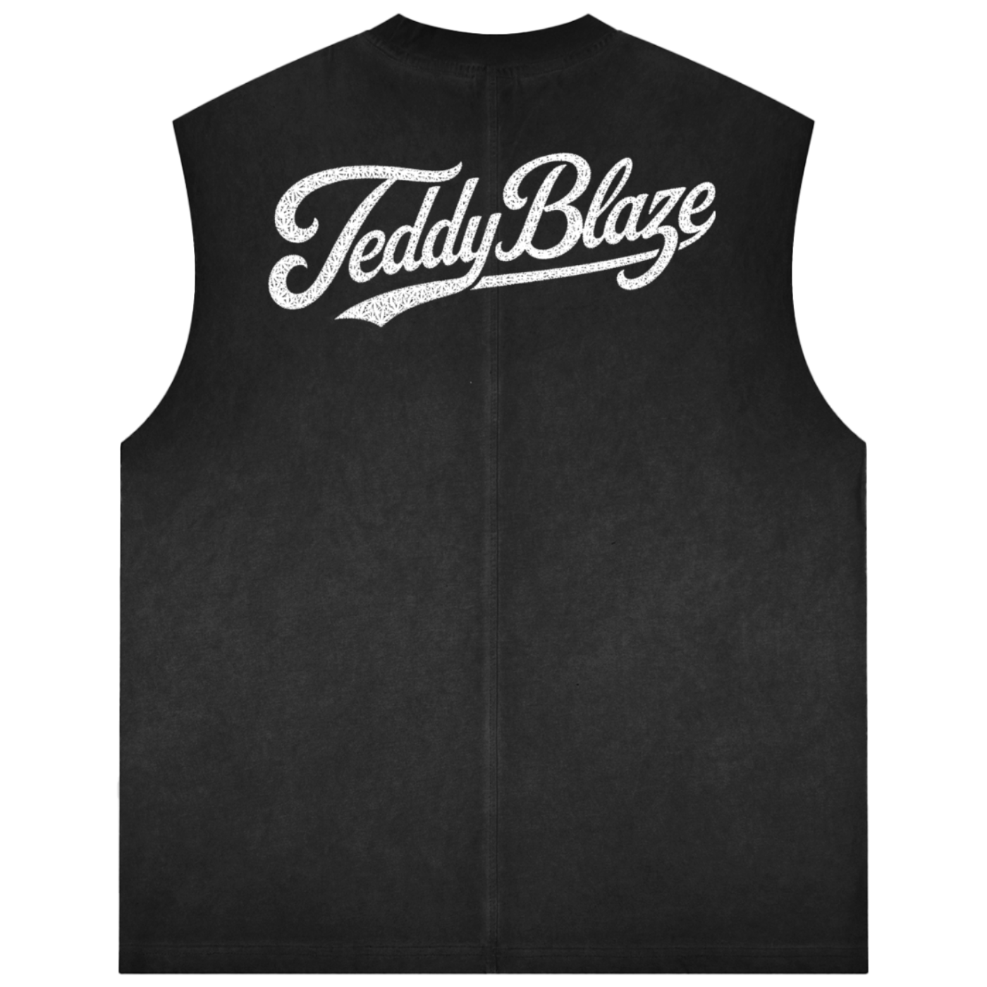 A black sleeveless vest with a distressed white 'Teddy Blaze' logo printed across the upper back, shown against a plain white background.