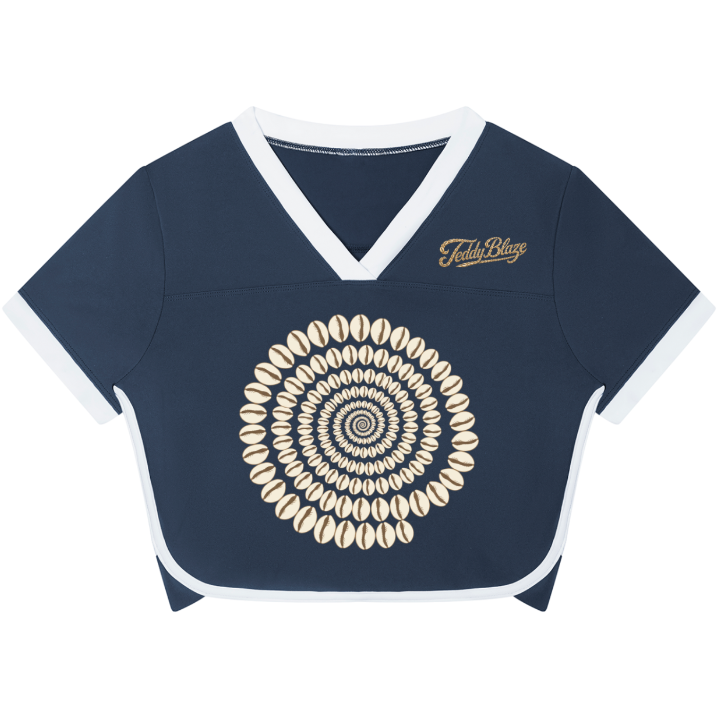 A navy blue short-sleeve crop top with white trim on a clean white background. The front features a large circular shell pattern in beige and white, and the brand name 'TulaBling' is printed in gold script on the left chest.