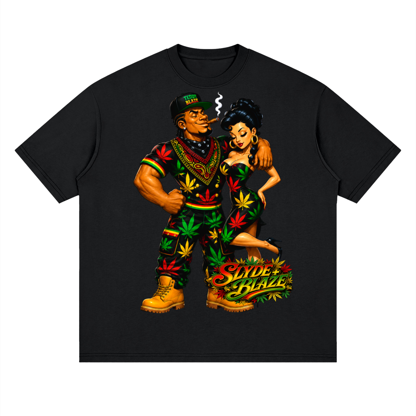 A black short-sleeve crewneck t-shirt featuring a large graphic print of two Rastafarian-style pin-up figures decorated with cannabis leaves, with the text 'SUNDEE PLACE' at the bottom.