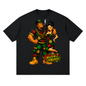 A black short-sleeve crewneck t-shirt featuring a large graphic print of two Rastafarian-style pin-up figures decorated with cannabis leaves, with the text 'SUNDEE PLACE' at the bottom.