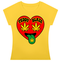 A yellow short-sleeve t-shirt with a red heart graphic on the front featuring two yellow cannabis leaves, the words 'TEDDY BLAZE' in black, and a green tongue sticking out with a small yellow cannabis leaf.