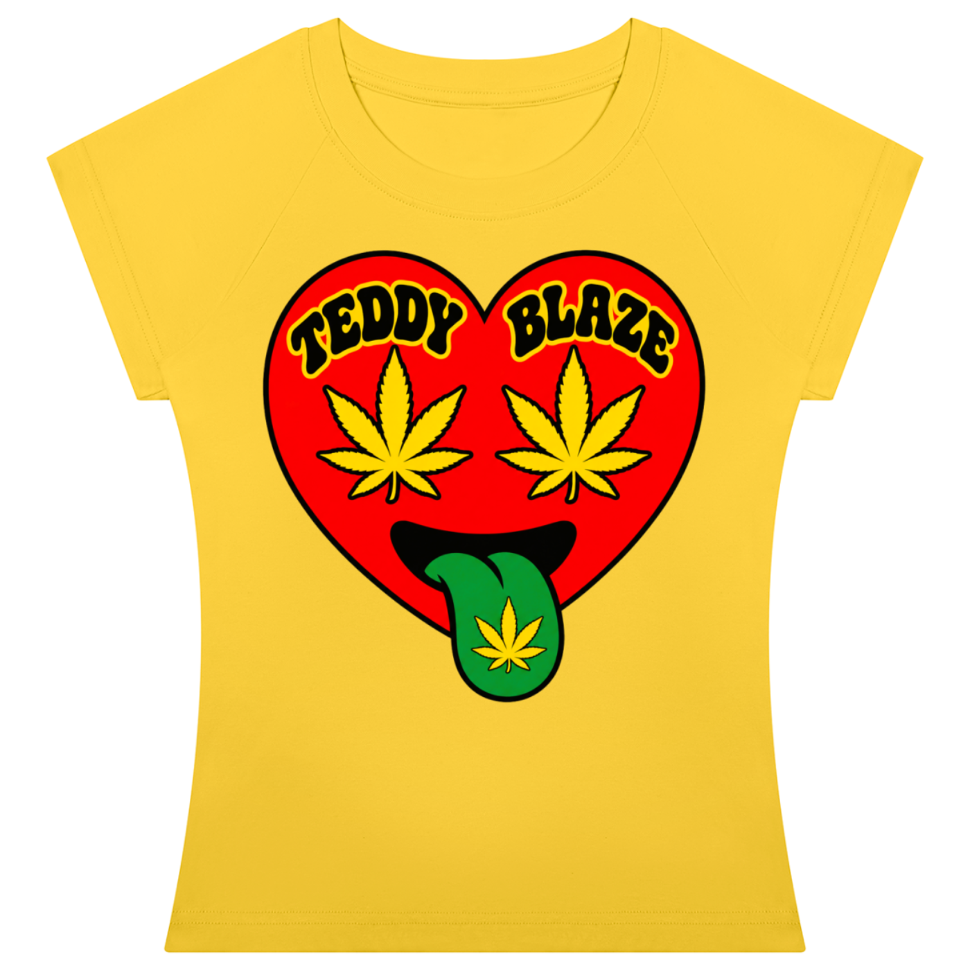 A yellow short-sleeve t-shirt with a red heart graphic on the front featuring two yellow cannabis leaves, the words 'TEDDY BLAZE' in black, and a green tongue sticking out with a small yellow cannabis leaf.