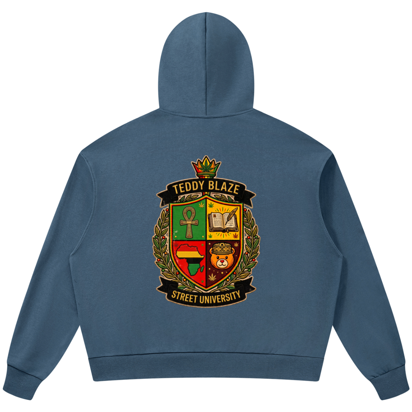 A blue hoodie shown from the back, featuring a large graphic crest on the center back with the text 'TEDDY BLAZE STREET UNIVERSITY' and a multicolored shield design.