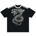 A black short-sleeve ringer t-shirt with a white crew neck and shoulder stripes, featuring a large white graphic of a patterned dragon and the text 'Terry Blaze' on the front.